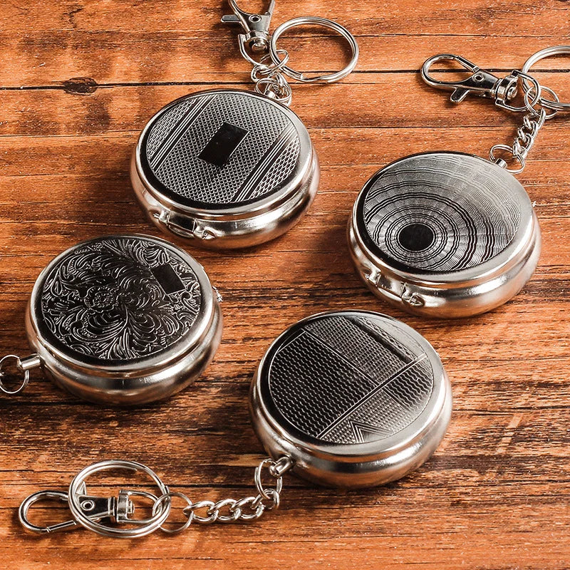 Portable car cigarette ashtray, random pattern, pocket ashtray with keychain, mini stainless steel