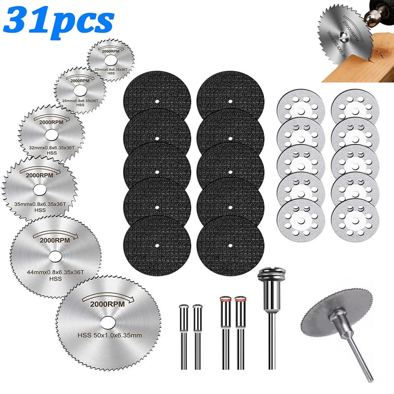 31pc Cutting Discs HSS Circular Saw Mini Drill Rotary Tool Multi-Size Blades for Cutting Metal, Wood, Stone, PVC