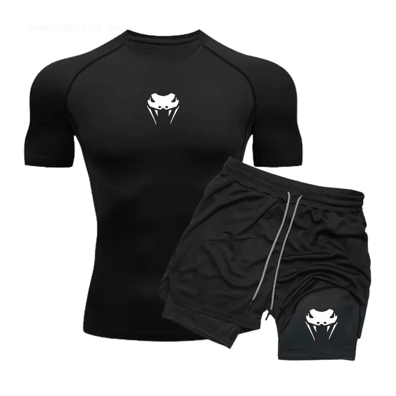 Men Compression Athletic Fitness Wear - Quick-Dry Tight Short-Sleeve Anime Double-Layer Shorts Summer Set Fitness Running Set